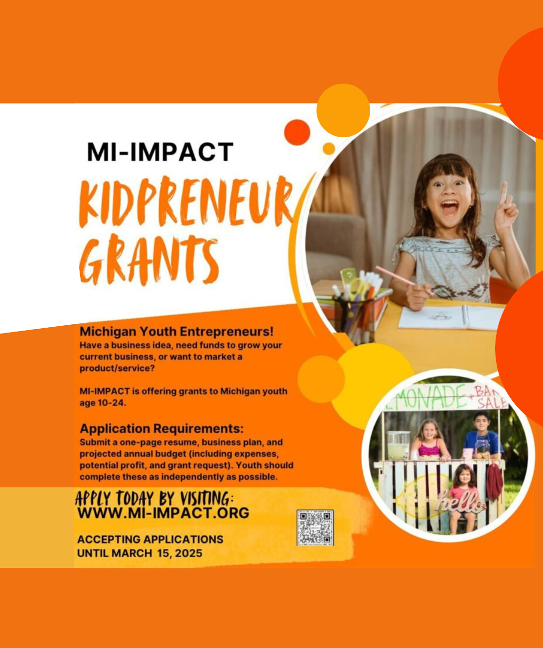 Kidpreneur MI IMPACT grants for young entrepreneurs in Michigan from ages 10 to 24 flyer
