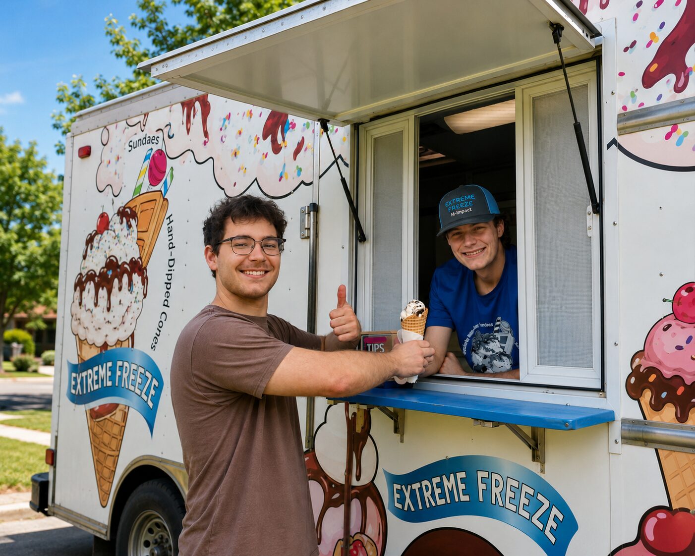 ChatGPT Image Jun 23, 2026, 06_22_12 PM Young entrepreneur serving an ice cream cone from the window of his Extreme Freeze trailer