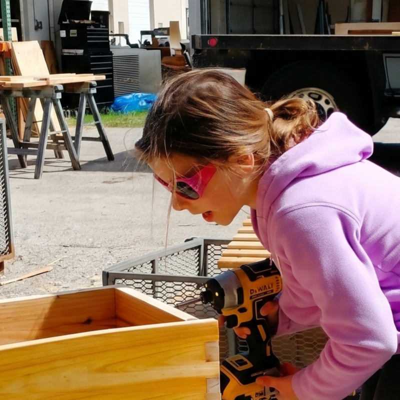 MI-IMPACT-Girl-using-power-drill-building-young-entrepreneur-Detroit-Michigan-alternative-homeschool-online-school-programs Girl using a power drill during a hands-on MI-IMPACT building project
