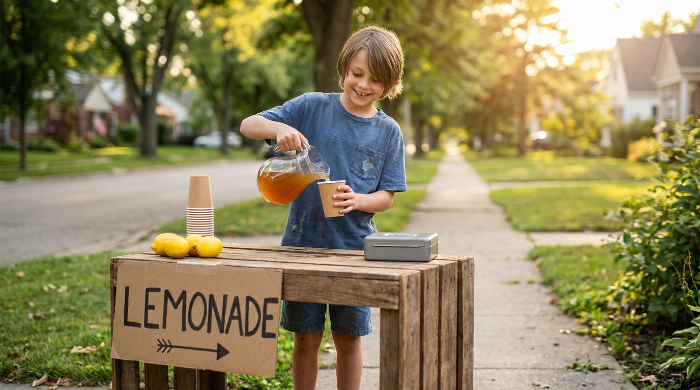 A child running a lemonade stand, illustrating the MI-IMPACT Kidpreneur youth entrepreneurship program